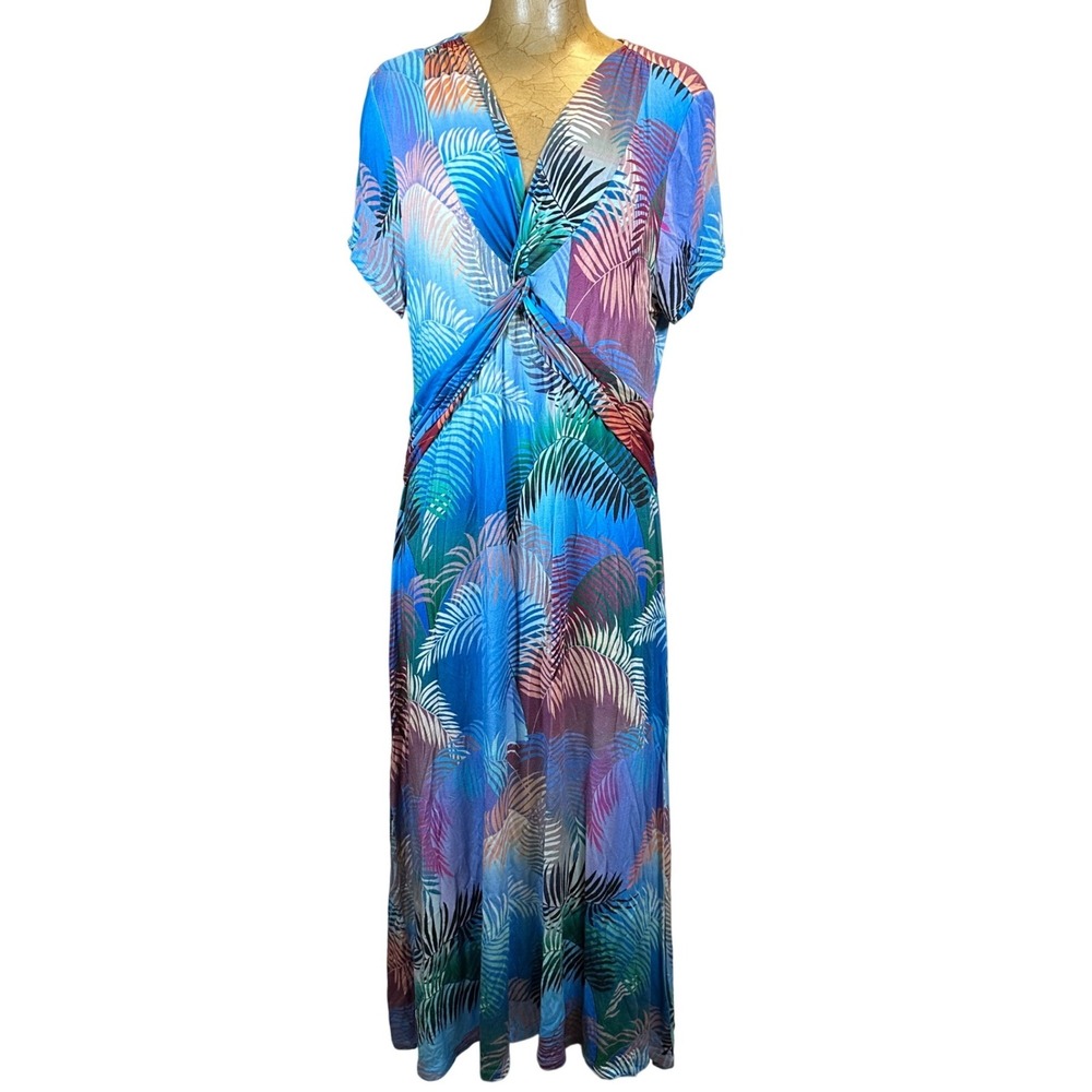 Soft Surroundings Large Tropical Palm Leaf Twist Front V-Neck Maxi Dress Blue